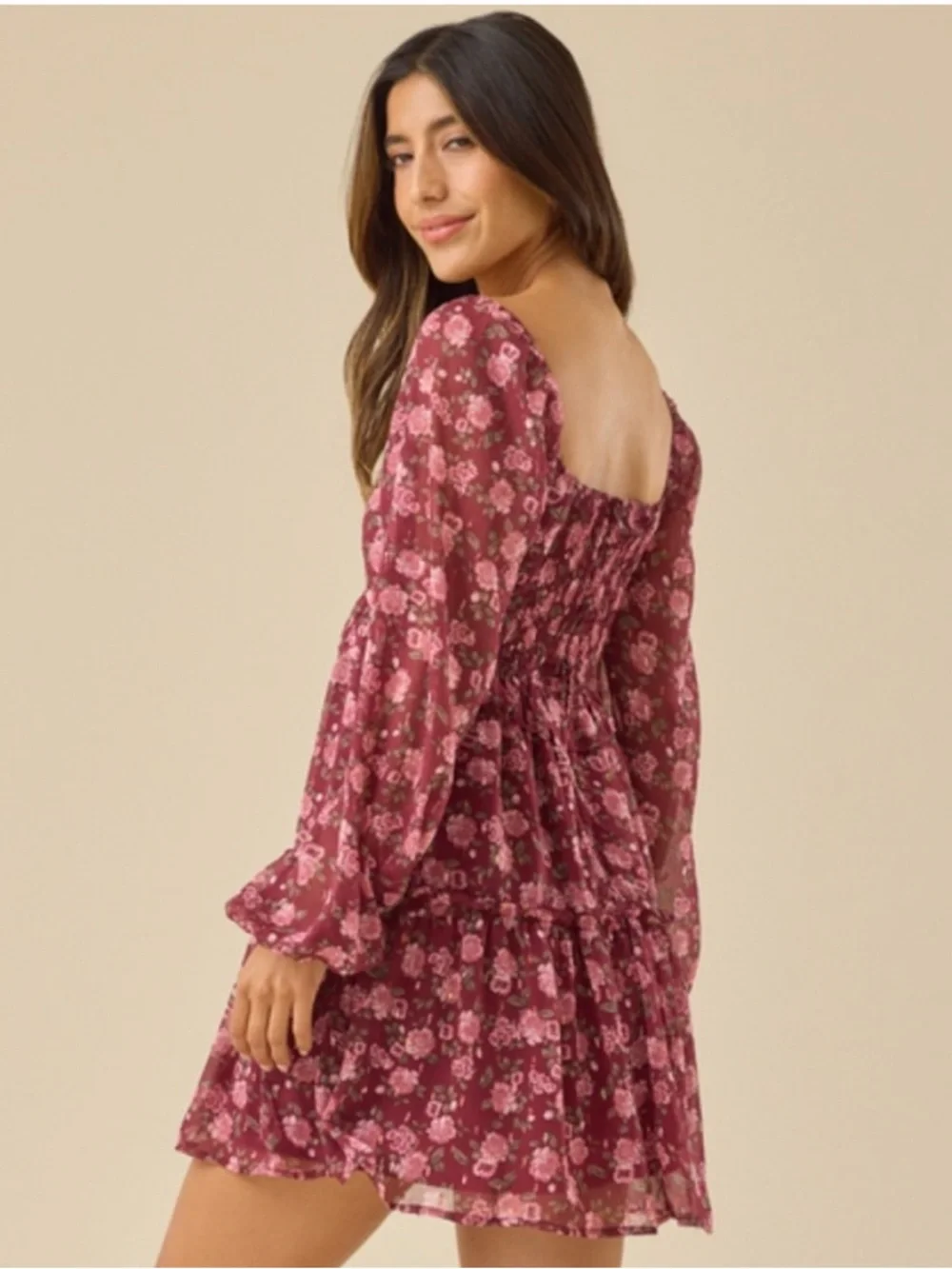 NWT Altard State Leanna Floral Mini Dress Burgundy long sleeve dress - Picture 2 of 4